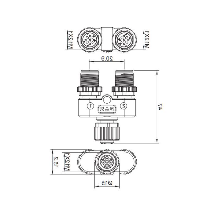 M12 5Pin母/2M12 5Pin公，y型连接器，644456