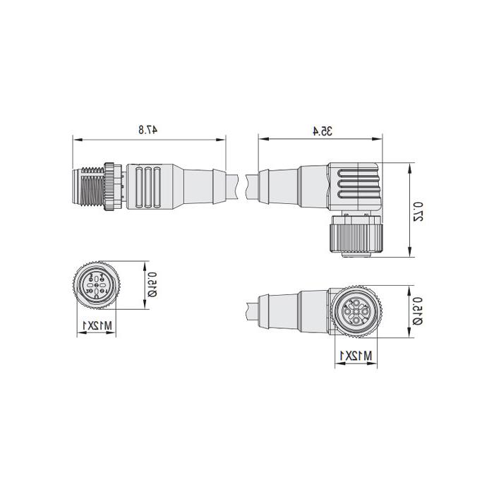 M12 5Pin, female head 90° turn male head straight, double end pre-cast anti-slag PUR flexible cable, yellow sheath, 64T551-XXX