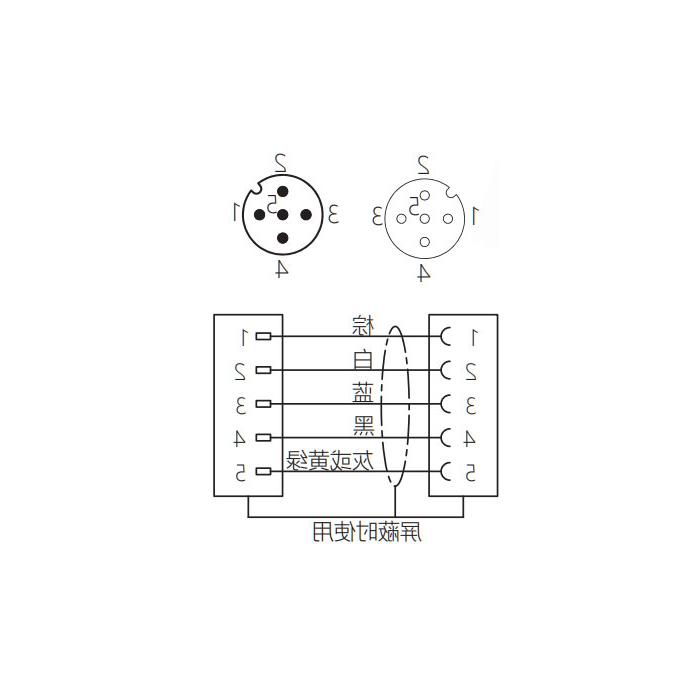 M12 5Pin, female head 90° turn male head straight, double end pre-cast anti-slag PUR flexible cable, yellow sheath, 64T551-XXX