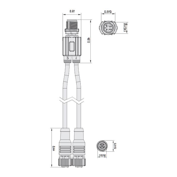 M12 4Pin公头/2M12 3Pin母头、Y型预铸防焊渣PUR flexible cable、黄色护套、64T161-XXX