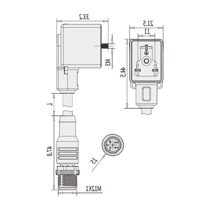 阀门插头类型B，工业，11 mm，3Pin/M12公头直型、双端预铸PUR柔性电缆、黑色护套、6VB141-XXX